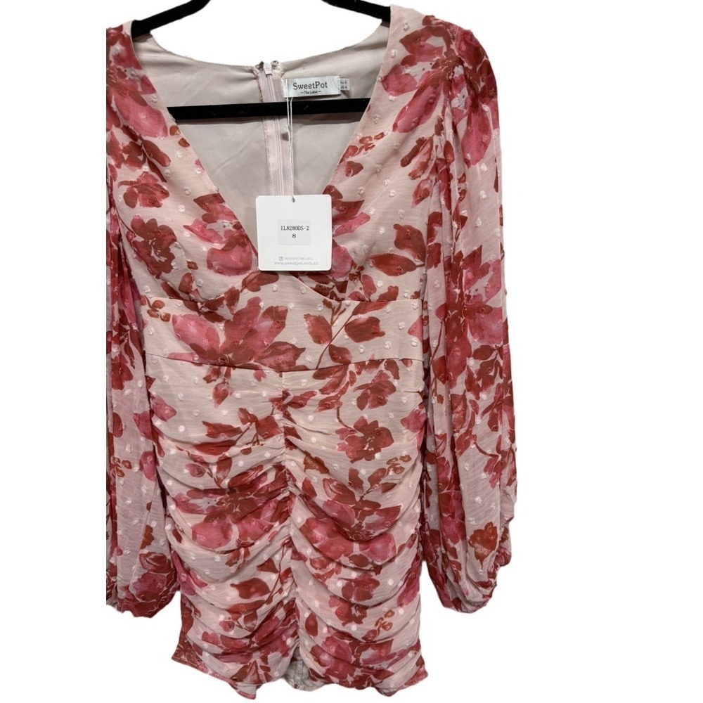 Sweetpot Red Floral Pink Dress Long Sleeve Mini Dress Size 8 NWT - Picture 2 of 4